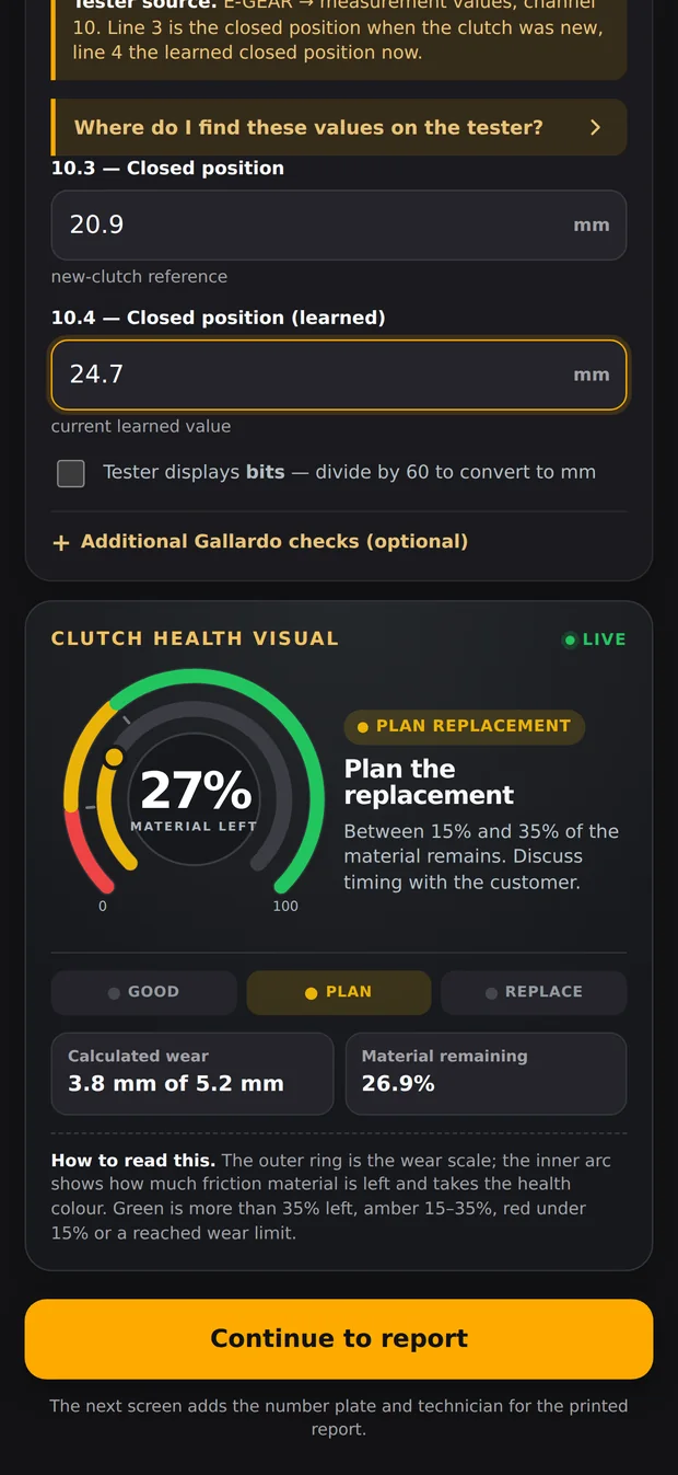 The app showing a clutch health dial reading 27% material remaining, with a plan replacement verdict.