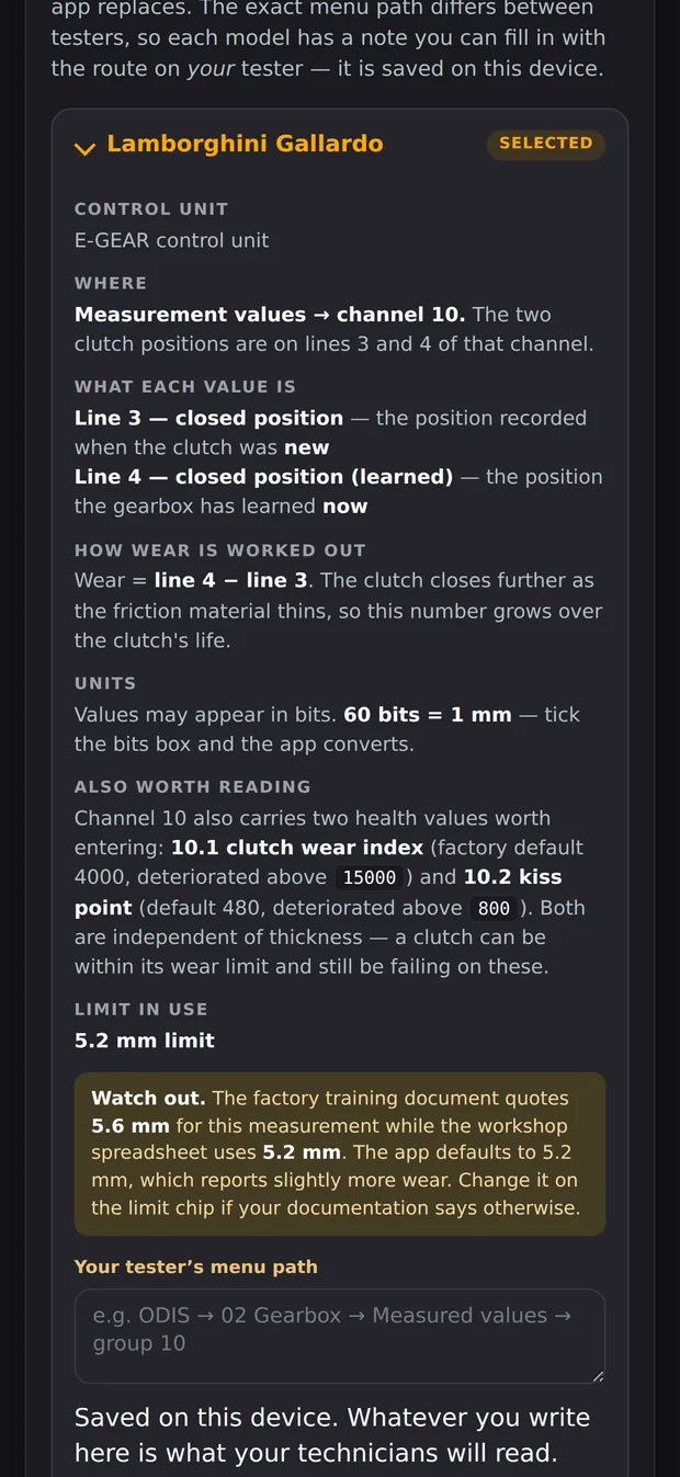 The built-in guide explaining where to read clutch values for each model.