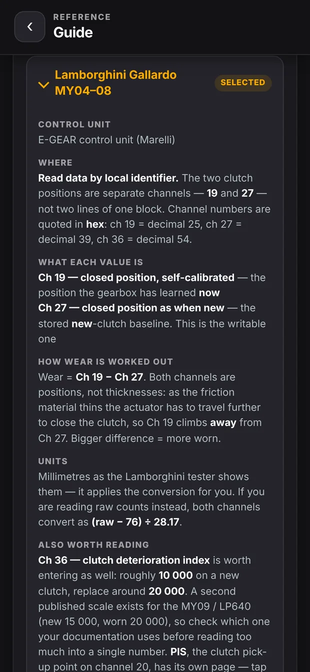 The built-in guide open at the Lamborghini Gallardo MY04–08: control unit, where to read, and what each value is.
