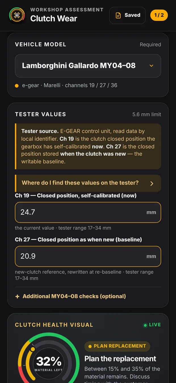 The app with a Lamborghini Gallardo MY04–08 selected and the two clutch position readings, Ch 19 and Ch 27, filled in.